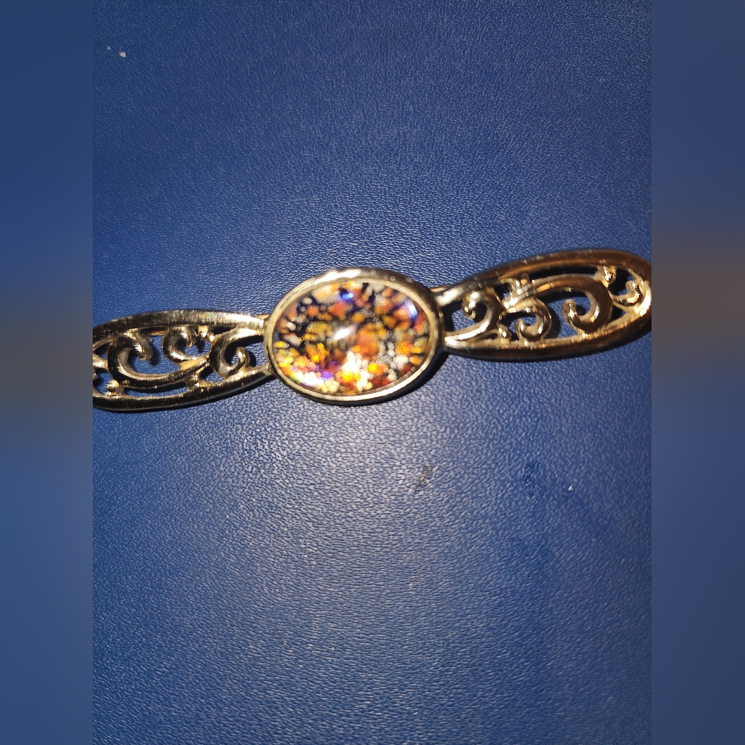 Signed Emmons Blithe Spirit 1962 Vintage Gold Tone Glass Cabochon Bar Brooch 33$